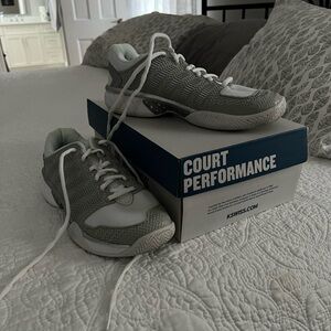 Light grey and white tennis sneakers with White Mesh Toes